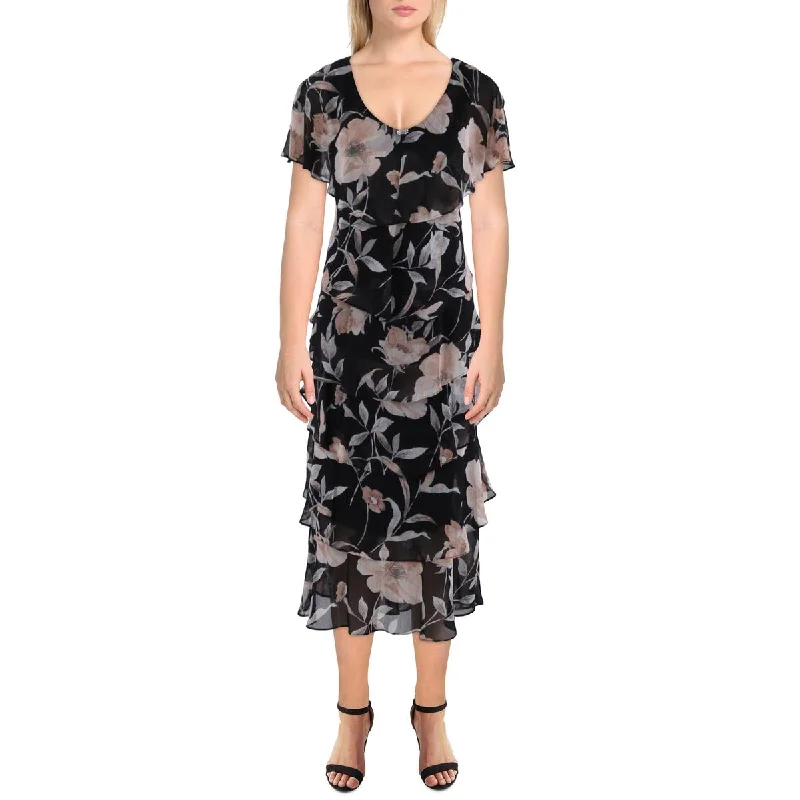 SLNY Womens Tiered Printed Midi Dress