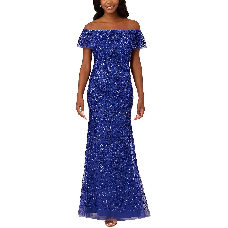 Adrianna Papell Womens Embellished Off-The-Shoulder Evening Dress