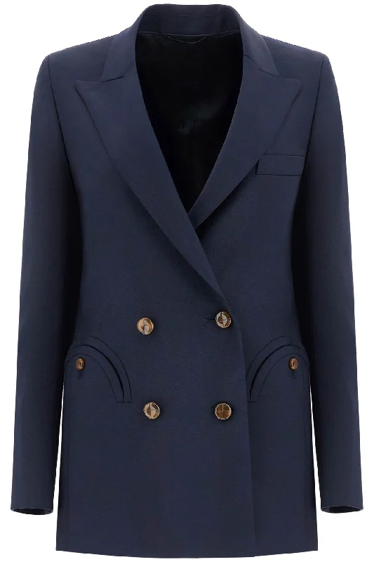 Navy Blue Virgin Wool Single-breasted Blazer  - Blue