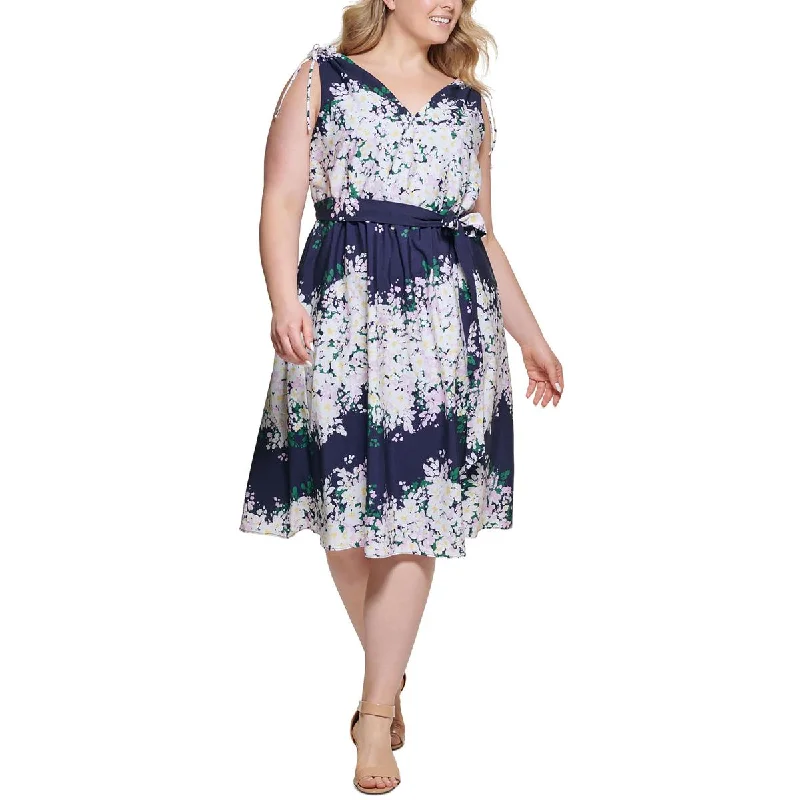 Vince Camuto Womens Plus Floral Print Midi Fit & Flare Dress