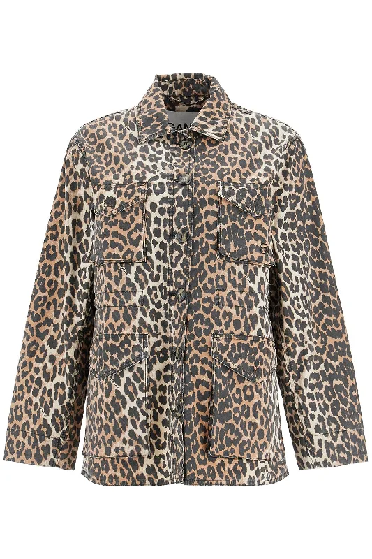 Leopard Print Canvas Overshirt  - Brown