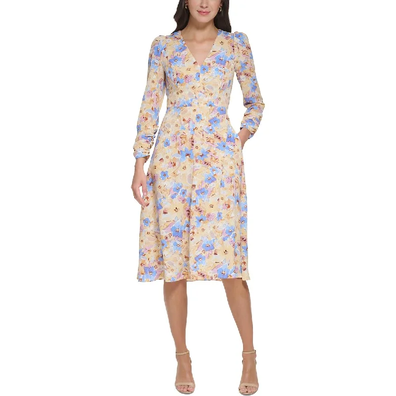 Vince Camuto Womens Floral Print V-Neck Midi Dress