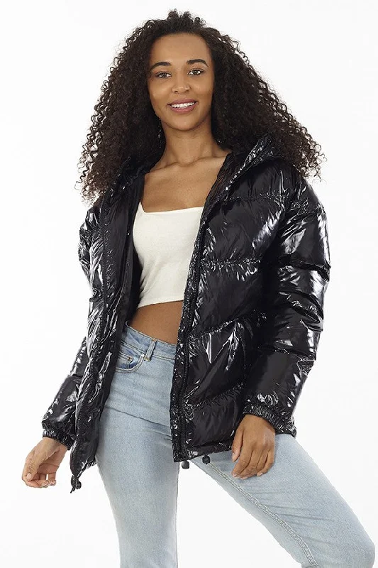 HIGH SHINE BLACK HOODED PUFFER JACKET