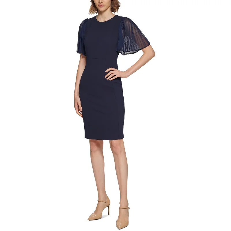 Calvin Klein Womens Pleated Sleeves Round Neck Sheath Dress