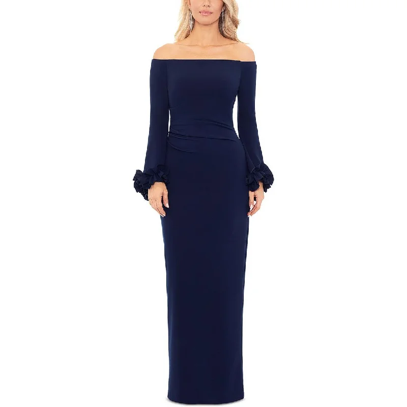 Xscape Womens Off-The-Shoulder Ruffled Evening Dress