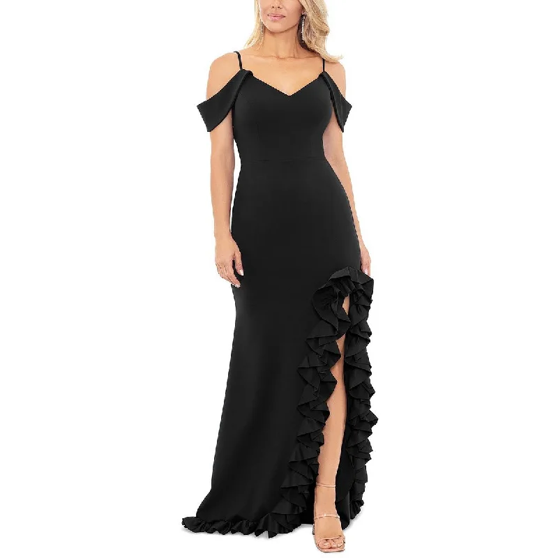 Xscape Womens Ruffled Cold Shoulder Evening Dress