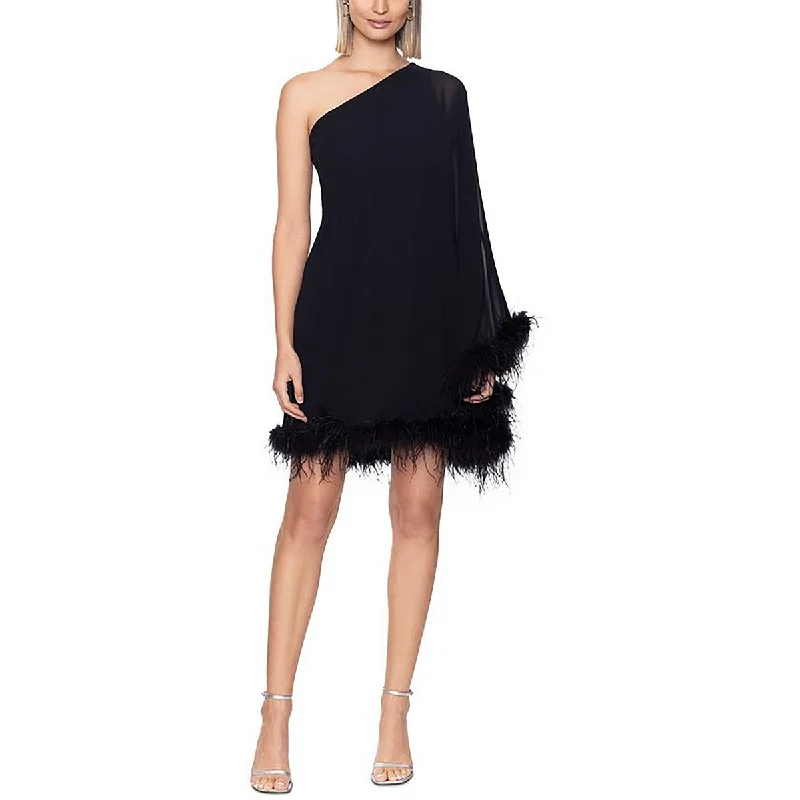 Betsy & Adam Womens Feather Trim Mini Cocktail And Party Dress