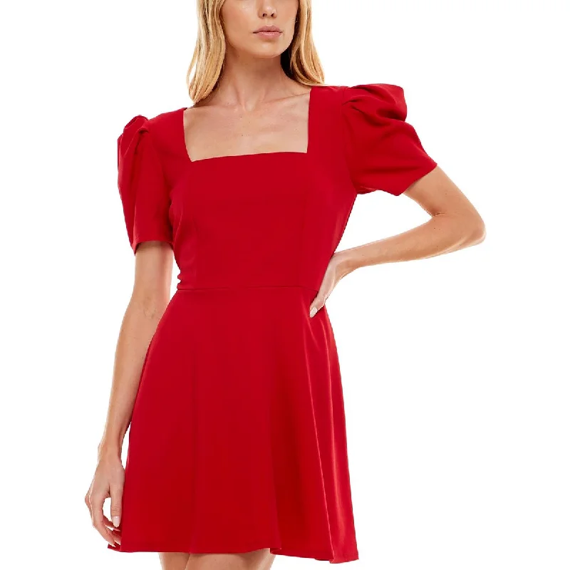 Speechless Womens Square Neck Puff Sleeves Fit & Flare Dress