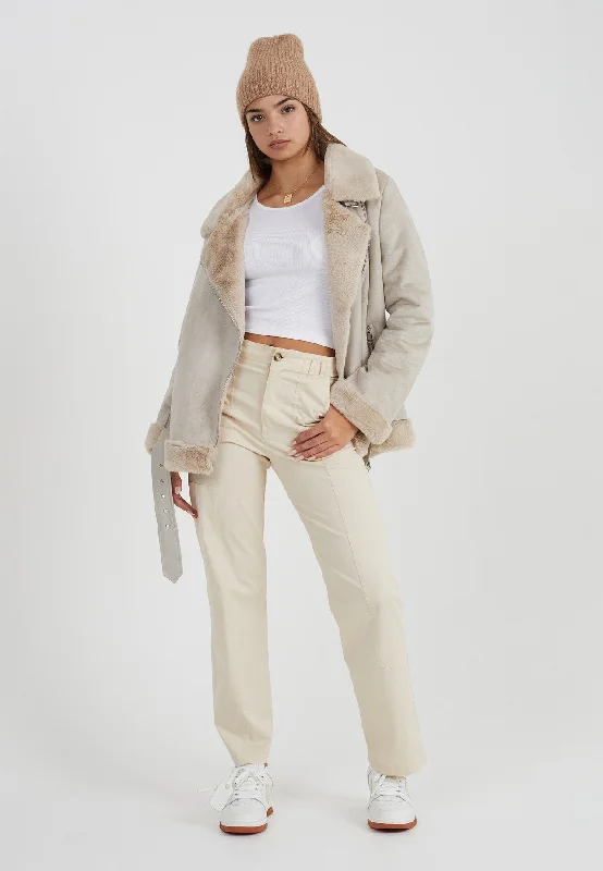 CREAM FAUX SUEDE AVIATOR JACKET WITH FAUX FUR LINING