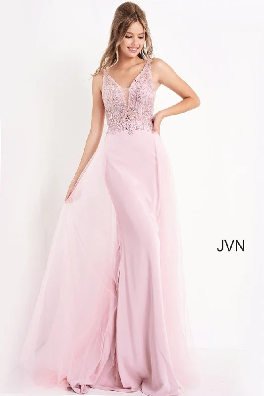 Jovani JVN02253 Size 0 Long Fitted Sheer Embellished Prom Dress V Neck Tulle Overskirt