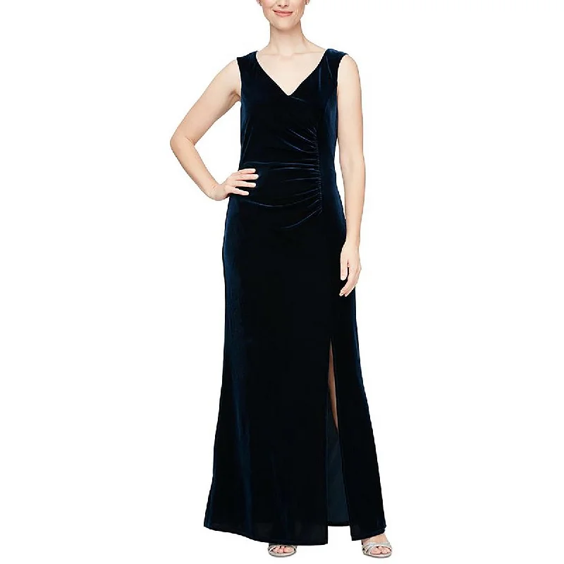 SLNY Womens Petites Velvet Embellished Evening Dress