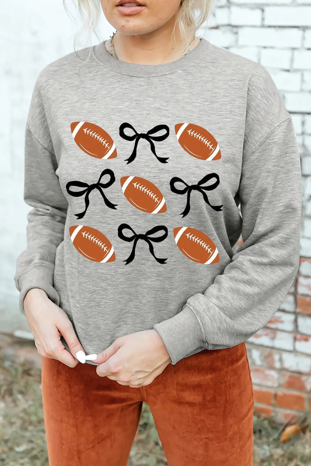 Football & Bows Coquette Neck Long Sleeve Women's Graphic Sweatshirt