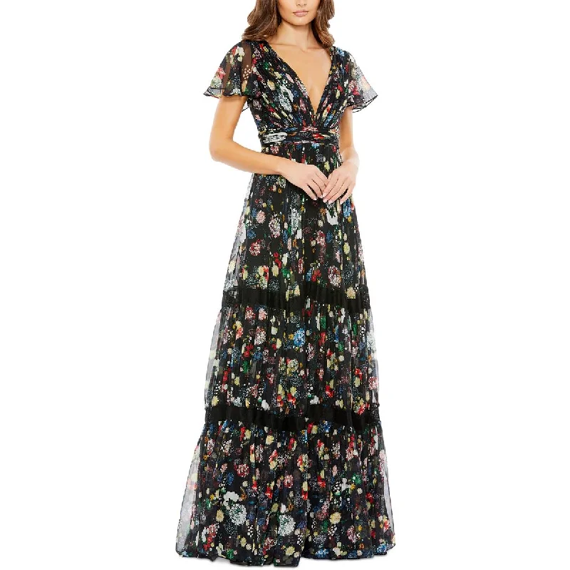 Mac Duggal Womens Chiffon Floral Maxi Dress