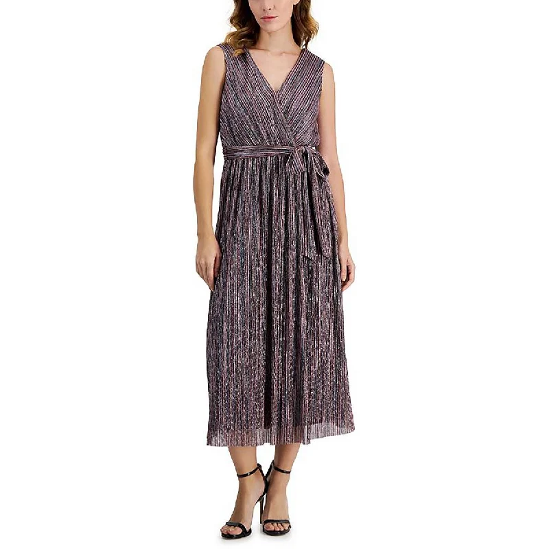 Anne Klein Womens Metallic Tea Length Midi Dress