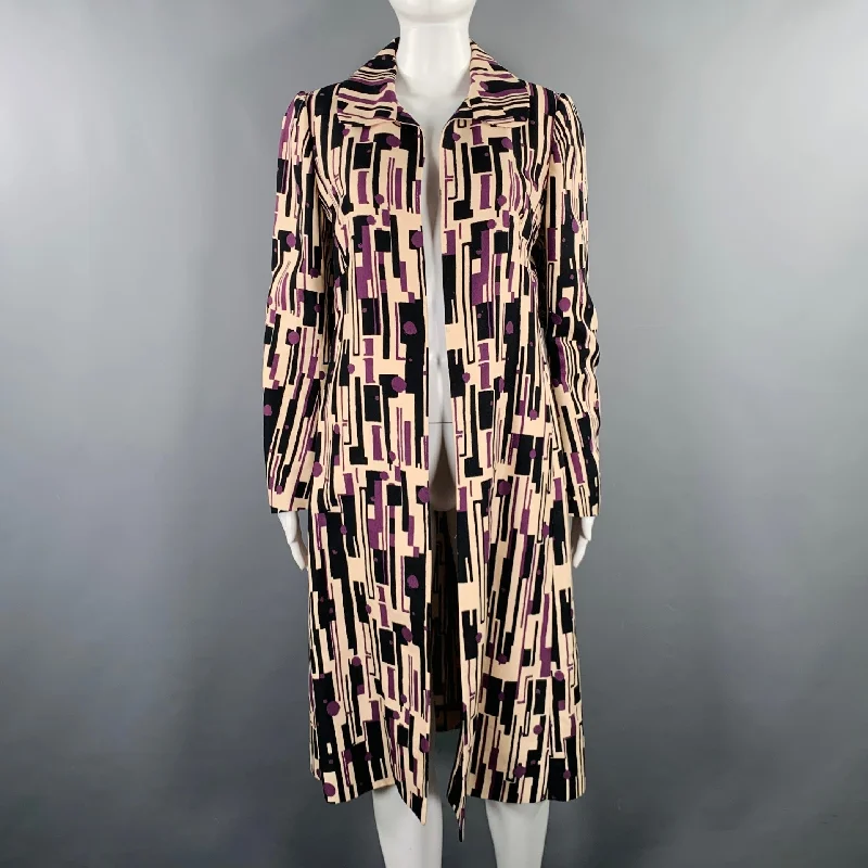 MARNI Size 8 Rose Purple Black Cotton Silk Print Open Front Coat