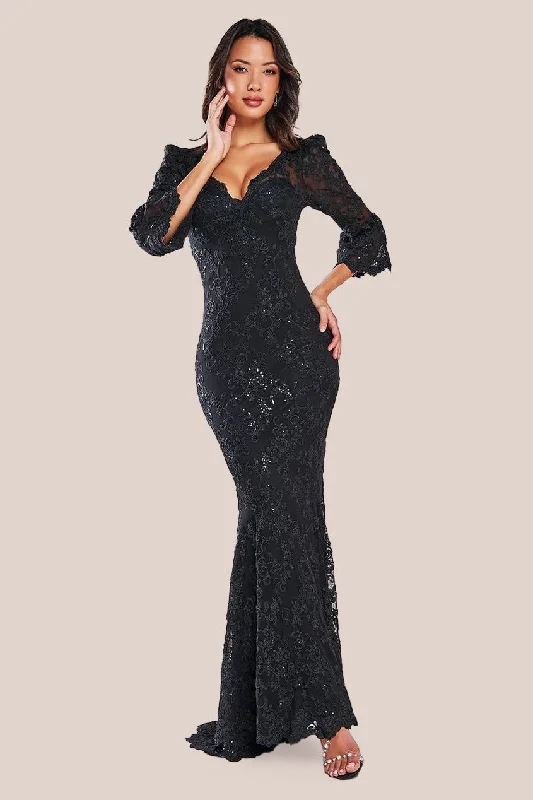 Super Savings Goddiva Scalloped Lace Maxi Dress - Black