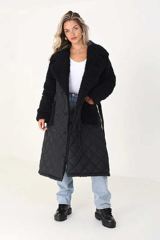 MAXI DIAMOND QUILTED COAT WITH BORG COLLAR AND SLEEVES