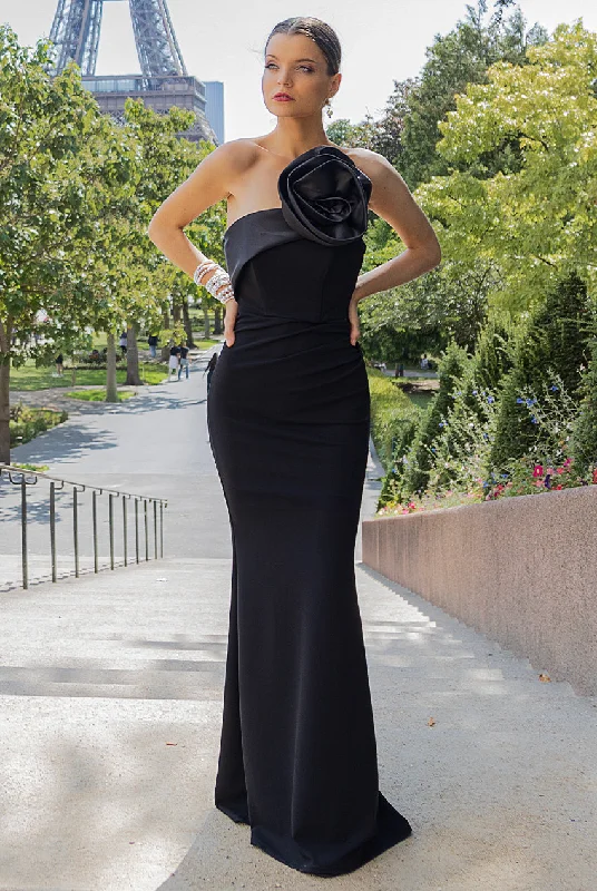 Limited Stock Goddiva Satin Corsage Scuba Crepe Maxi Dress - Black
