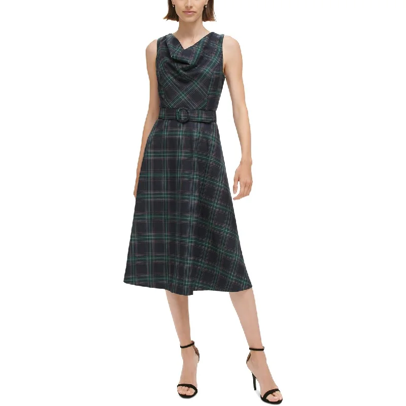 Vince Camuto Womens Plaid Mid Calf Shift Dress