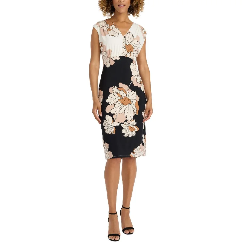 Maggy London Womens V-Neck Floral Print Fit & Flare Dress