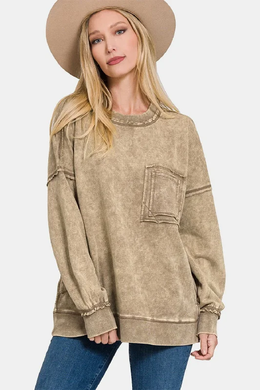 Zenana Exposed Seam Round Neck Dropped Shoulder Sweatshirt In Mocha