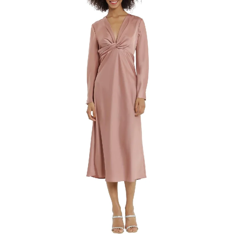 Maggy London Womens Satin V-Neck Midi Dress