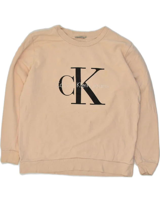 CALVIN KLEIN Womens Oversized Graphic Sweatshirt Jumper UK 10 Small Beige