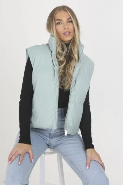 SAGE MATTE FAUX LEATHER HIGH NECK PUFFER GILET