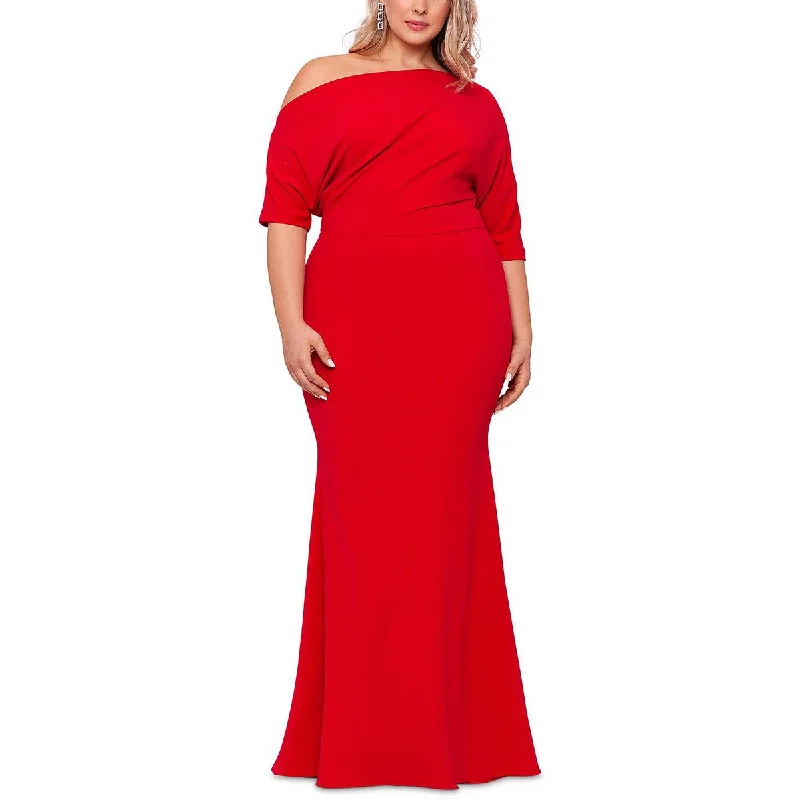 B&A by Betsy and Adam Womens Plus Off-The-Shoulder Maxi Evening Dress