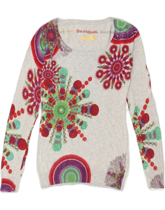 DESIGUAL Womens Graphic Crew Neck Jumper Sweater UK 12 Medium Grey Floral