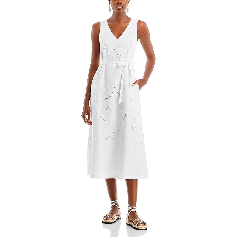 Tommy Bahama Womens Linen Embroidered Midi Dress