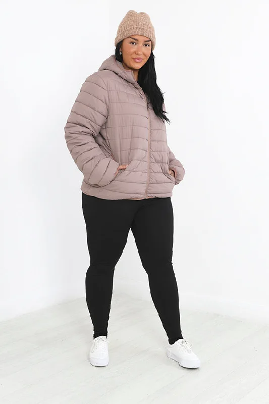 PLUS SIZE TAUPE PADDED HOODED PUFFER JACKET