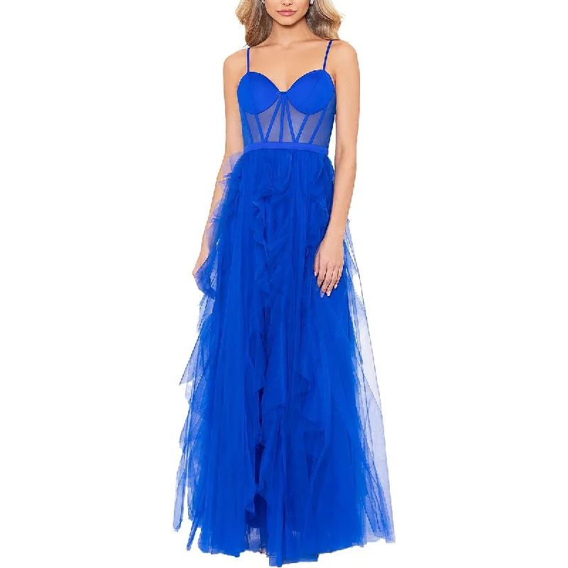 Blondie Nites Womens Juniors Ruffled Illusion Evening Dress