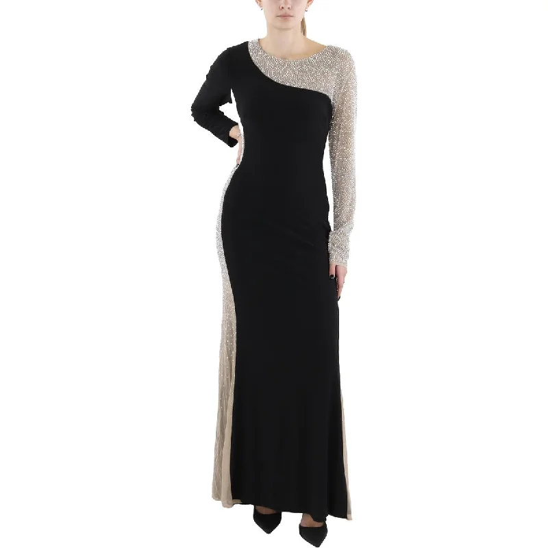 Xscape Womens Beaded Illusion Evening Dress