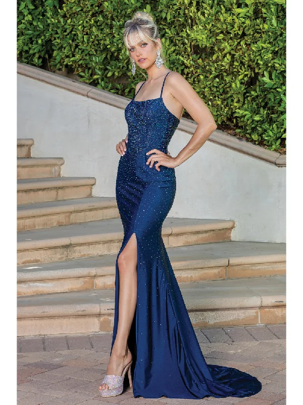 DQ 4242 Size 14 Navy Long Fitted Jersey Crystal Prom Dress Slit Backless Corset Formal Gown