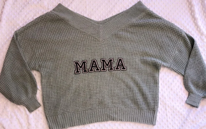 Zenana 2x Sweater-Black printed Faux Leather with Grey MAMA Embroidered