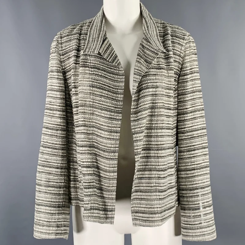 AKRIS Size 8 Grey White Cotton Wool Stripe Open Front Jacket