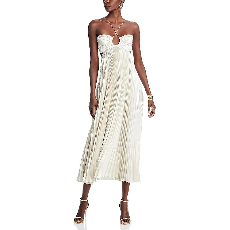 L'idee Womens Tea Length Pleated Halter Dress