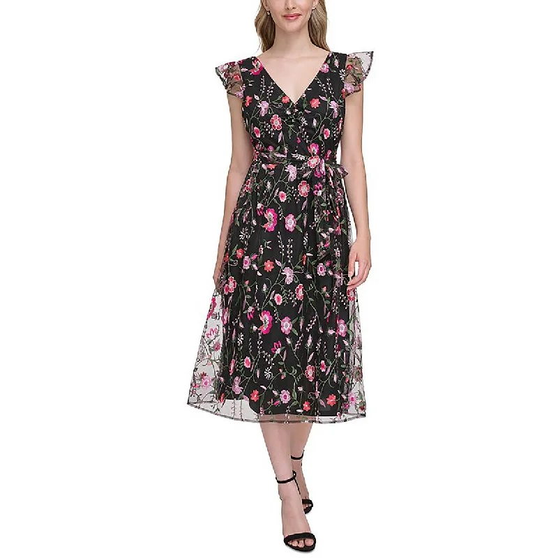 Kensie Dresses Womens Floral Embroidered Fit & Flare Dress