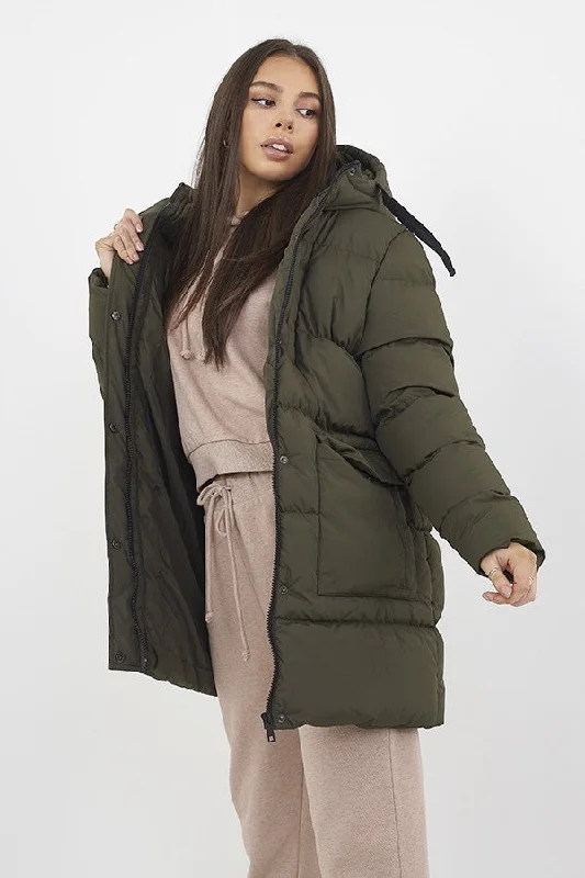 KHAKI OVERSIZED LONGER LENGTH PADDED HOODED JACKET