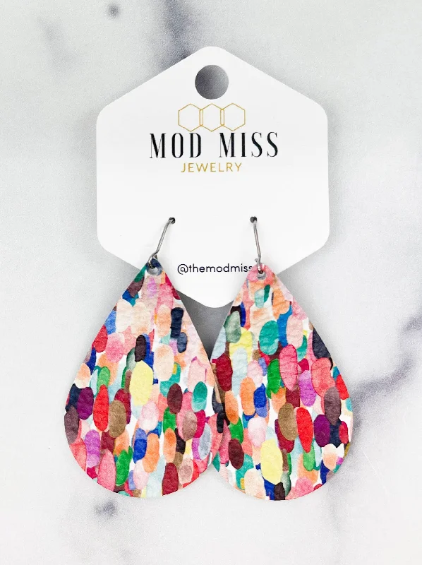 Leather Teardrop Earring "Confetti Rainbow"