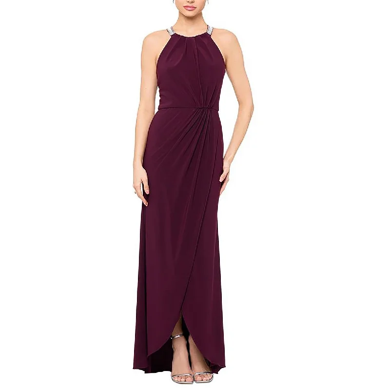 Betsy & Adam Womens Embellished Halter Evening Dress