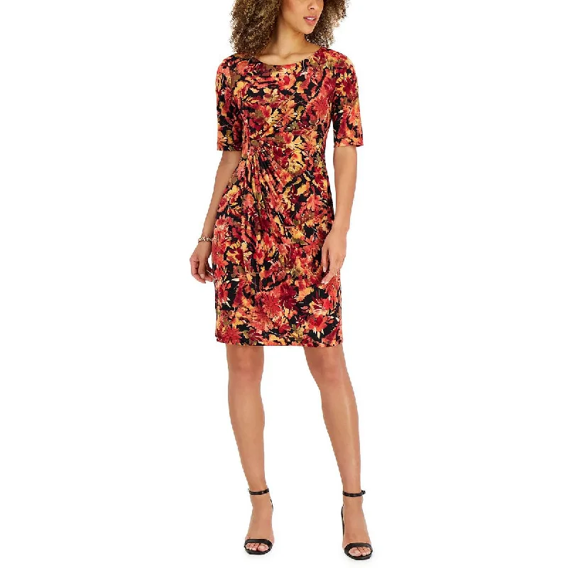 Connected Apparel Womens Petites Floral Gathered Sheath Dress