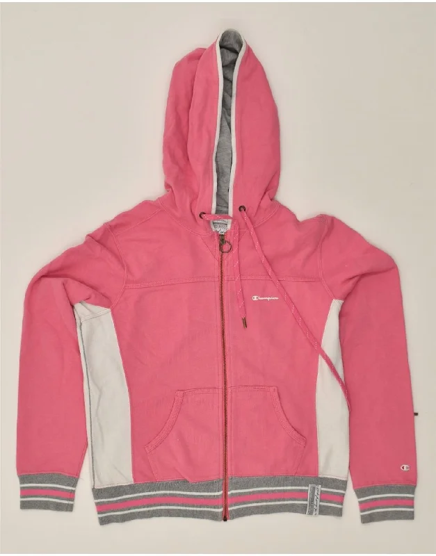 CHAMPION Womens Zip Hoodie Sweater UK 12 Medium Pink Colourblock