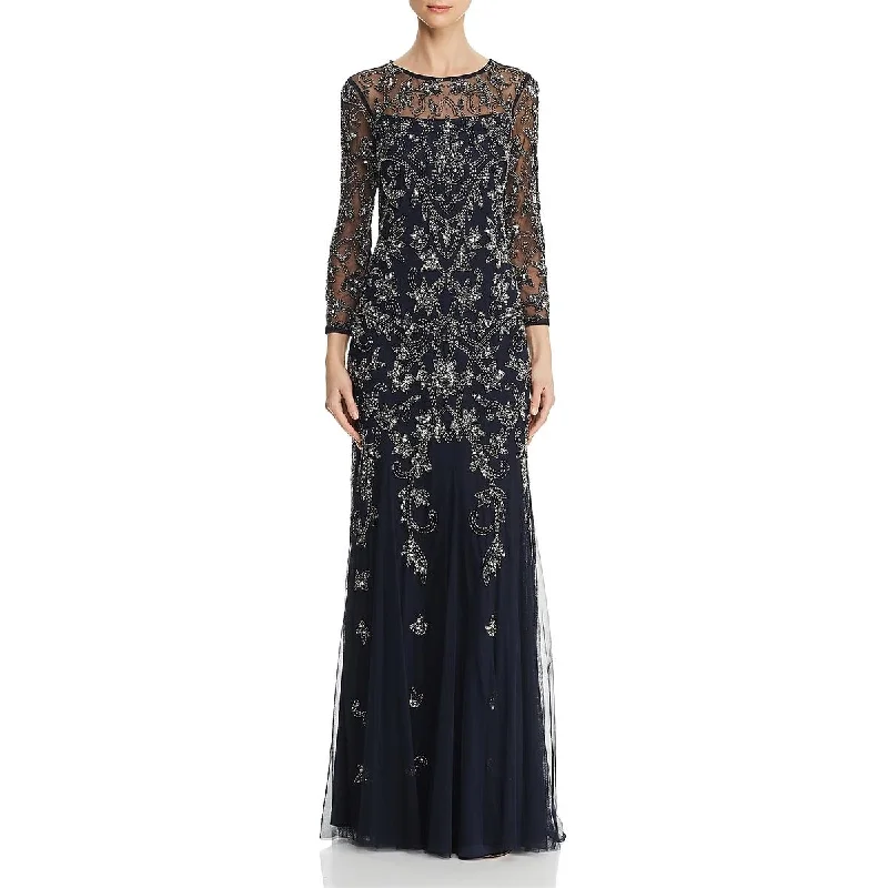 Adrianna Papell Womens Beaded Illusion Evening Dress