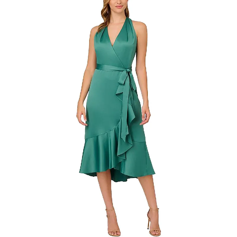 Adrianna Papell Womens Satin Halter Wrap Dress