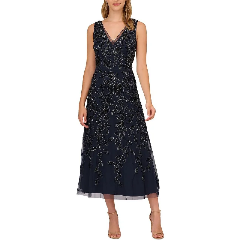 Adrianna Papell Womens   Floral Beaded Sequin Midi Dress