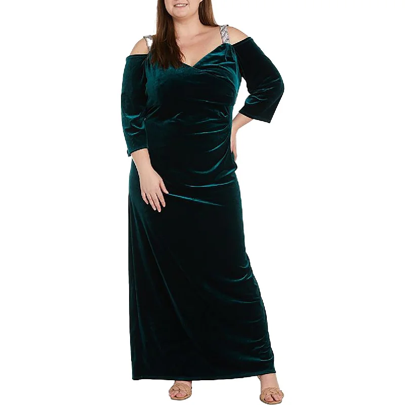 R&M Richards Womens Plus Velvet Rhinestone Evening Dress