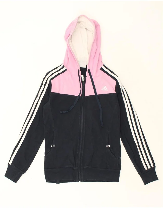 ADIDAS Womens Zip Hoodie Sweater UK 10 Small Navy Blue Colourblock Cotton