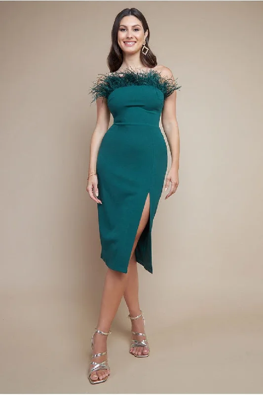 Huge Savings Goddiva Feather Boobtube Midi Dress - Emerald Green
